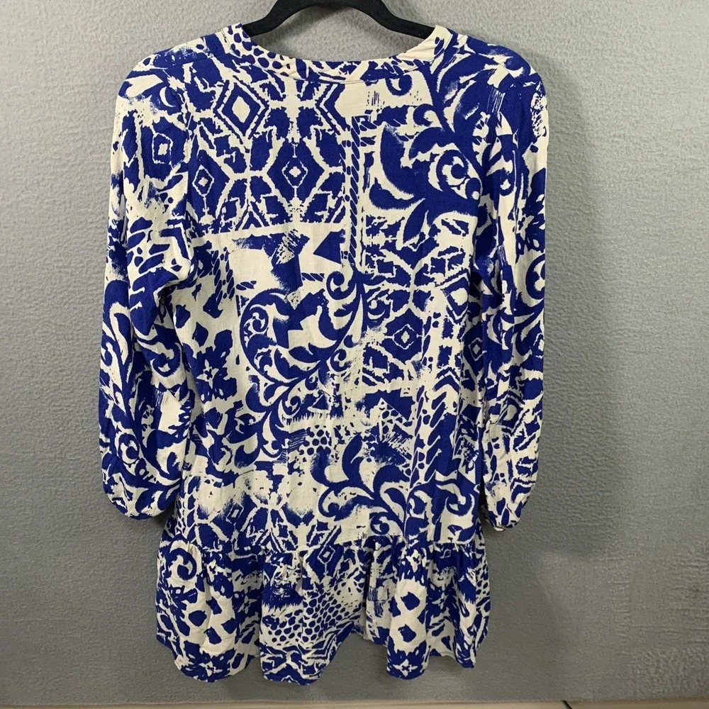 Zara‎ Women's Blue White Geometric V-Neck Balloon Sleeve Fit & Flare Dress XS